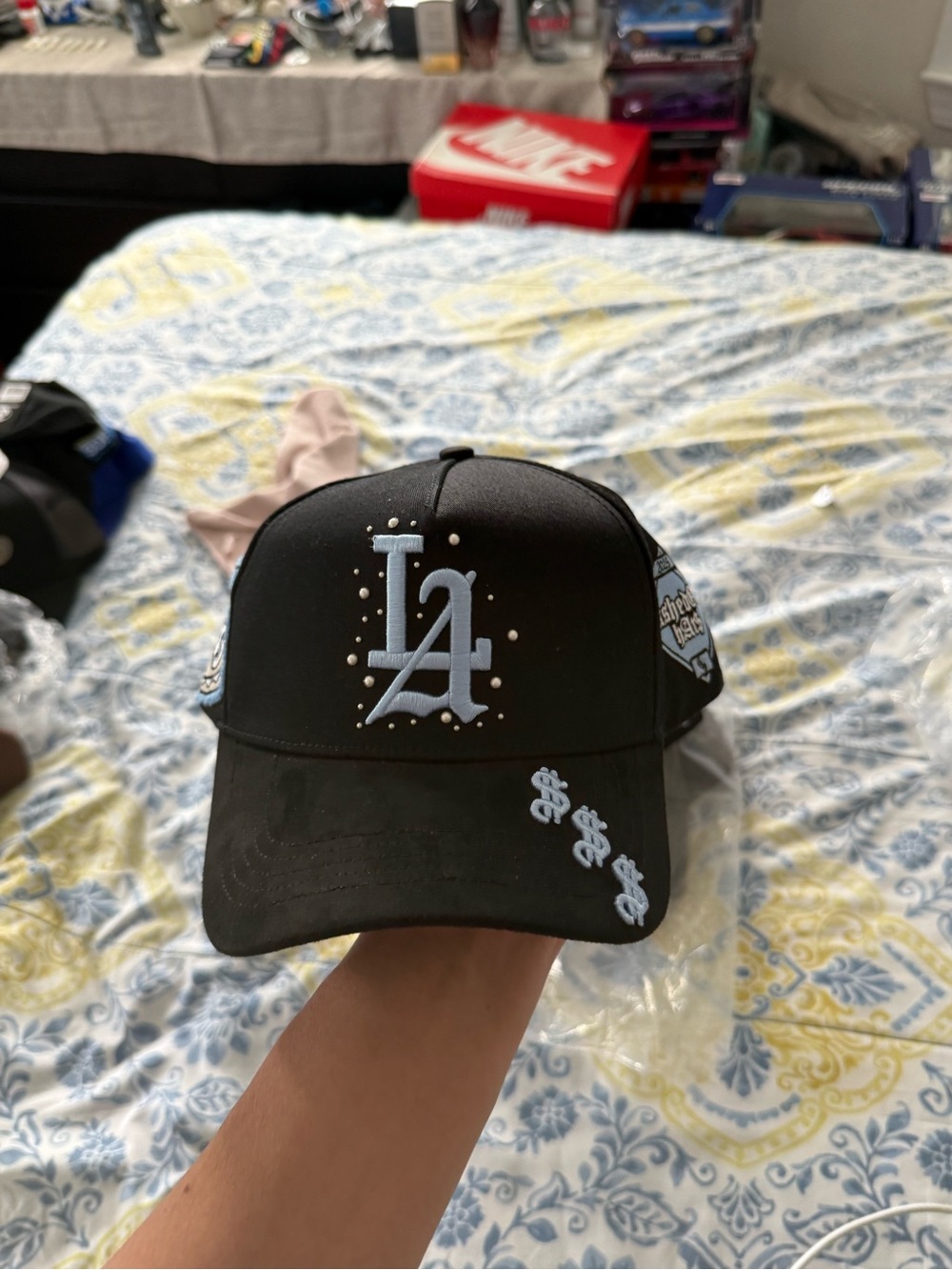 Labubu Black Hat Light Blue LA Embroidery